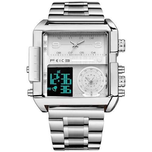 FEICE Wathes for Men Digital LED Analog Quartz Wristwatch Business Men’s Watch Multifunction Square Chronograph 24H Calendar Leather Band Unique Large Dial Watches FK030-SLIVER - Image 1