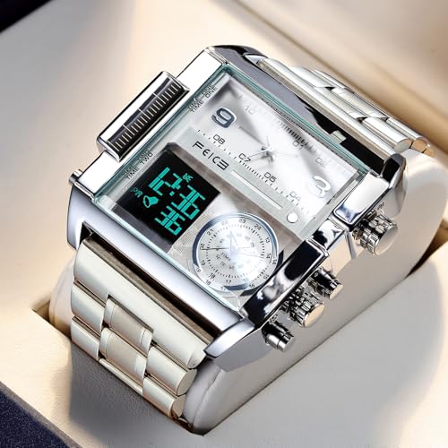 FEICE Wathes for Men Digital LED Analog Quartz Wristwatch Business Men’s Watch Multifunction Square Chronograph 24H Calendar Leather Band Unique Large Dial Watches FK030-SLIVER - Image 2
