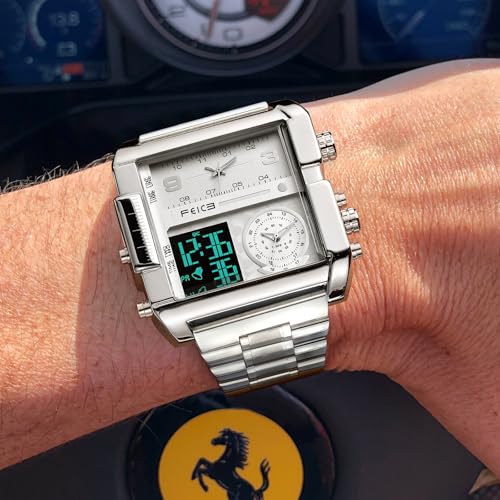 FEICE Wathes for Men Digital LED Analog Quartz Wristwatch Business Men’s Watch Multifunction Square Chronograph 24H Calendar Leather Band Unique Large Dial Watches FK030-SLIVER - Image 5