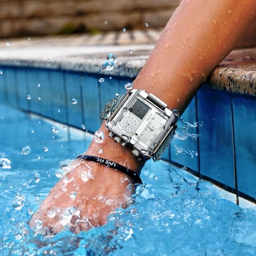 FEICE Wathes for Men Digital LED Analog Quartz Wristwatch Business Men’s Watch Multifunction Square Chronograph 24H Calendar Leather Band Unique Large Dial Watches FK030-SLIVER - Image 4