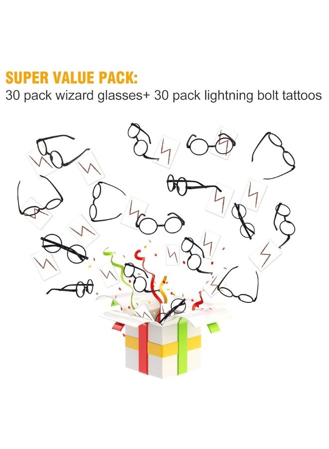 TUPARKA 30 Pieces Wizard Round Glasses Frame No Lenses Eyeglasses with 30 Pieces Lightning Bolt Tattoos for Kids Halloween Party Bag Fillers - Image 2