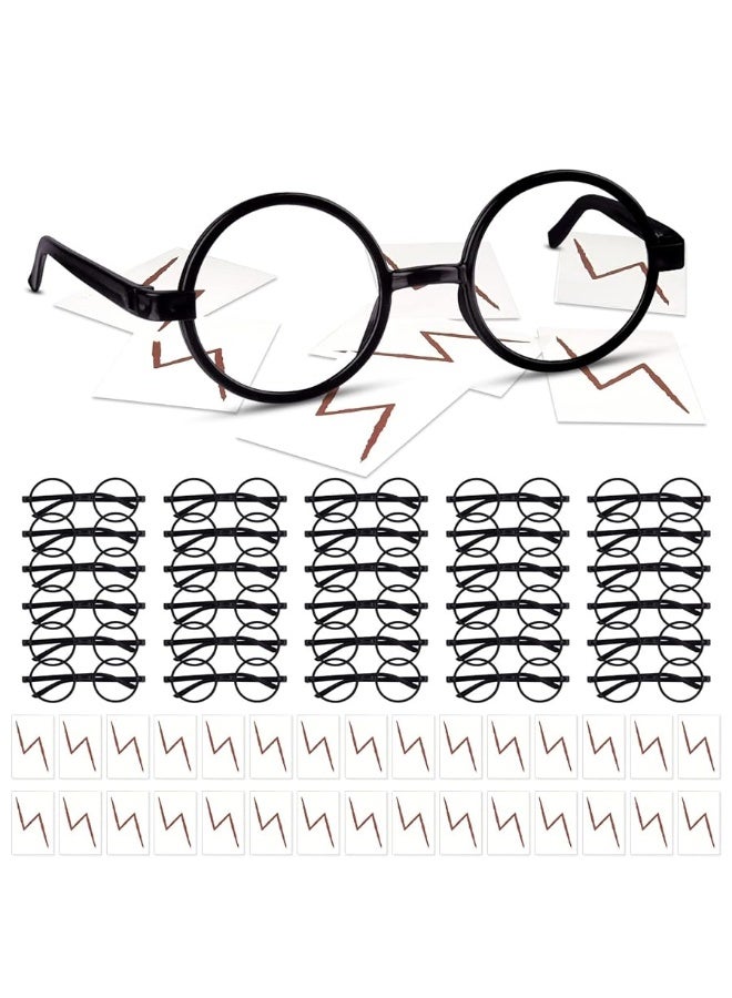 TUPARKA 30 Pieces Wizard Round Glasses Frame No Lenses Eyeglasses with 30 Pieces Lightning Bolt Tattoos for Kids Halloween Party Bag Fillers - Image 5