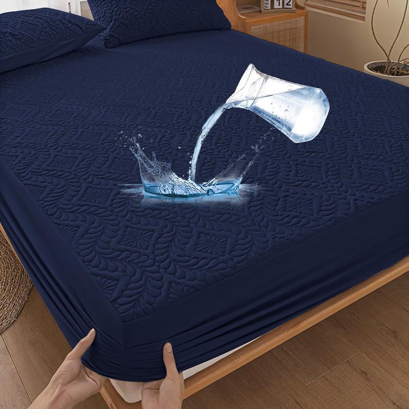 Sufdari Waterproof Mattress Protector 90 x 200 cm Fitted Sheet Luxury, 3D Pattern, Super Absorbent, Breathable Mattress Cover, Waterproof Mattress Protection, Moisture Protection, Fitted Sheets - Dark Blue - Image 1
