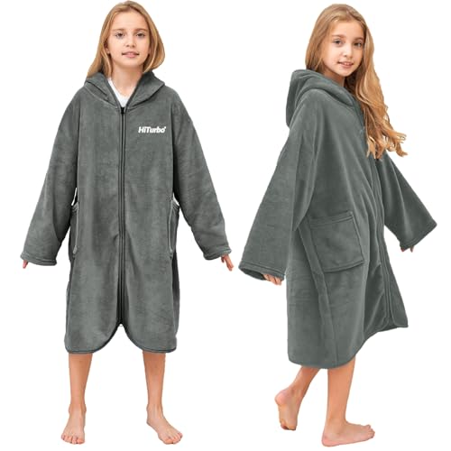 Hiturbo Kids Bath Towel Hoodie: Soft Plush Zipper Surf Poncho - Warm Fleece Changing Towels Swimming Outerwear (Gray) - Image 1