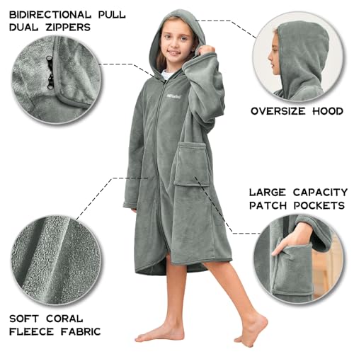Hiturbo Kids Bath Towel Hoodie: Soft Plush Zipper Surf Poncho - Warm Fleece Changing Towels Swimming Outerwear (Gray) - Image 3