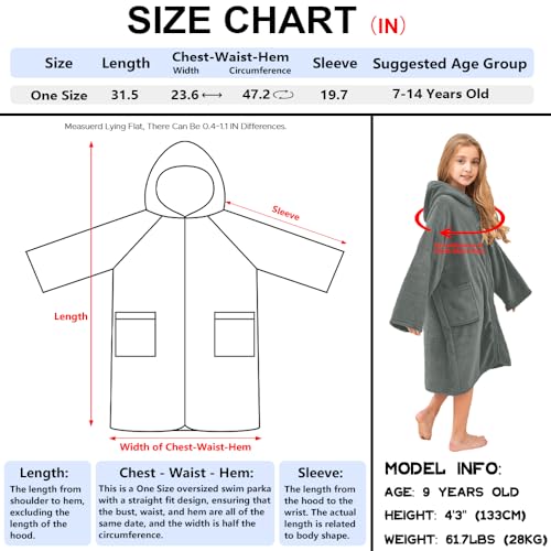 Hiturbo Kids Bath Towel Hoodie: Soft Plush Zipper Surf Poncho - Warm Fleece Changing Towels Swimming Outerwear (Gray) - Image 2