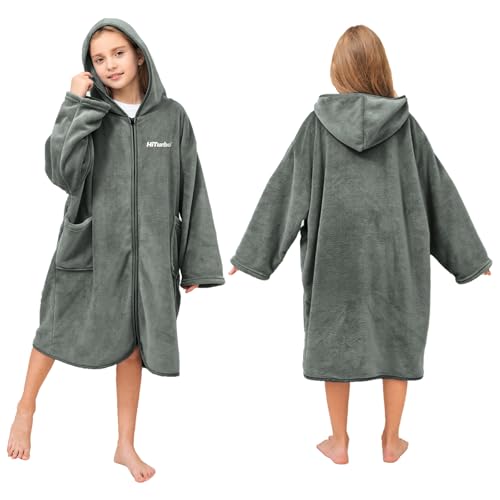 Hiturbo Kids Bath Towel Hoodie: Soft Plush Zipper Surf Poncho - Warm Fleece Changing Towels Swimming Outerwear (Gray) - Image 5