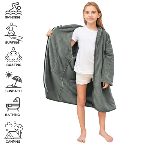 Hiturbo Kids Bath Towel Hoodie: Soft Plush Zipper Surf Poncho - Warm Fleece Changing Towels Swimming Outerwear (Gray) - Image 4