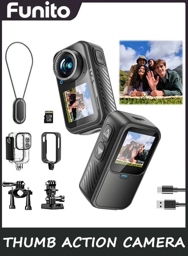 Funito Dual Screen Sports Body Camera | 128G Thumb Action Camera, Wearable on Chest for POV Shooting: Waterproof Action Camera for Running Cycling Swimming Hiking Adventures etc. - Image 1