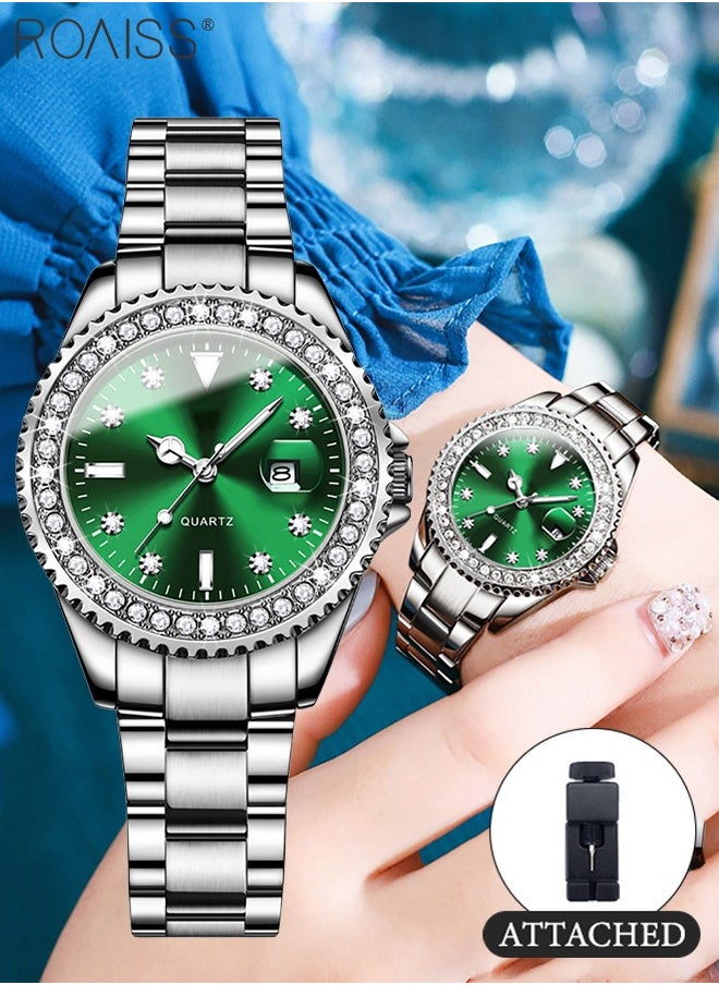 roaiss - Women's Steel Strap Quartz Watch Analog Display Round Green Dial with Zirconium Diamond Decoration Waterproof Luxurious Wristwatch as Gift for Ladies - Image 1