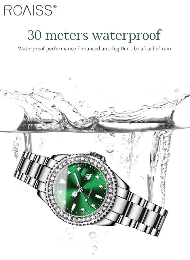 roaiss - Women's Steel Strap Quartz Watch Analog Display Round Green Dial with Zirconium Diamond Decoration Waterproof Luxurious Wristwatch as Gift for Ladies - Image 1