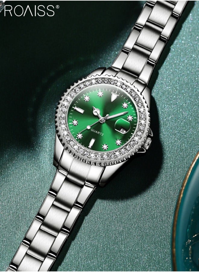 roaiss - Women's Steel Strap Quartz Watch Analog Display Round Green Dial with Zirconium Diamond Decoration Waterproof Luxurious Wristwatch as Gift for Ladies - Image 1