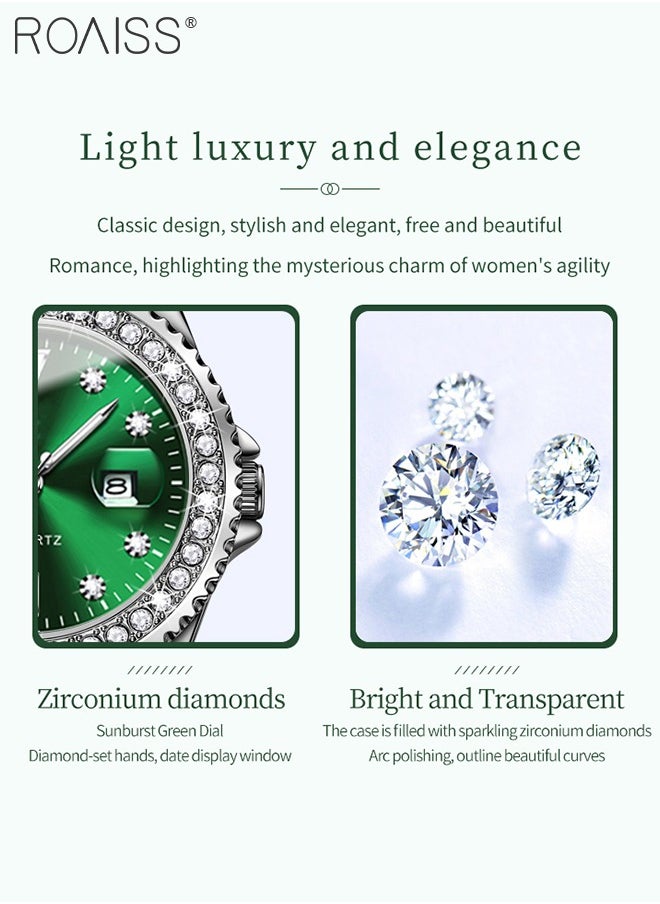 roaiss - Women's Steel Strap Quartz Watch Analog Display Round Green Dial with Zirconium Diamond Decoration Waterproof Luxurious Wristwatch as Gift for Ladies - Image 1