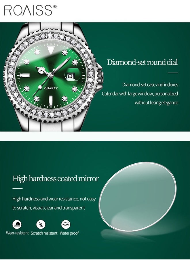 roaiss - Women's Steel Strap Quartz Watch Analog Display Round Green Dial with Zirconium Diamond Decoration Waterproof Luxurious Wristwatch as Gift for Ladies - Image 1