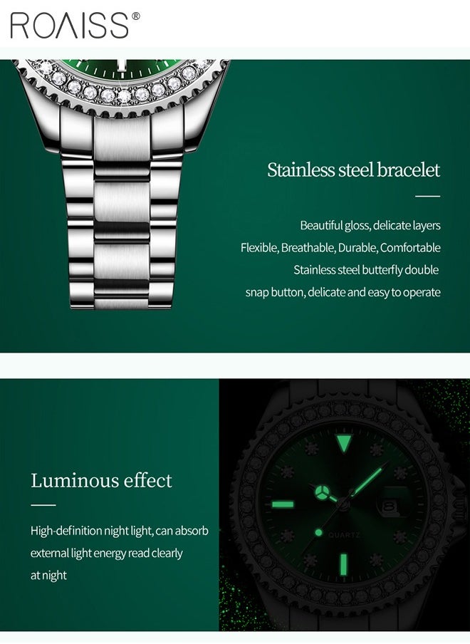 roaiss - Women's Steel Strap Quartz Watch Analog Display Round Green Dial with Zirconium Diamond Decoration Waterproof Luxurious Wristwatch as Gift for Ladies - Image 1