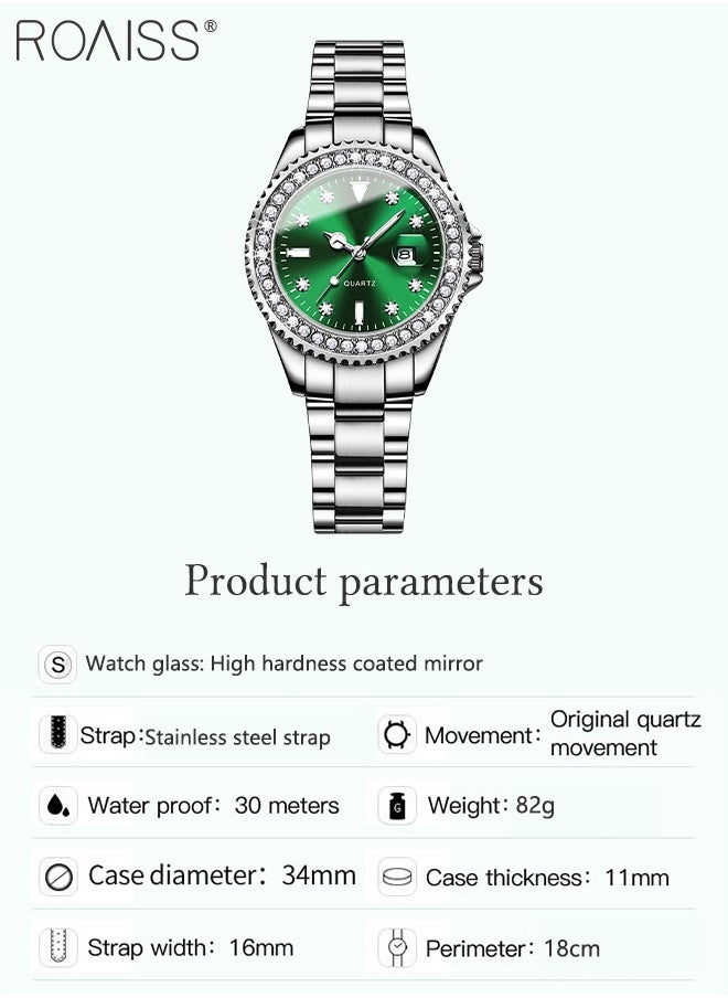 roaiss - Women's Steel Strap Quartz Watch Analog Display Round Green Dial with Zirconium Diamond Decoration Waterproof Luxurious Wristwatch as Gift for Ladies - Image 1