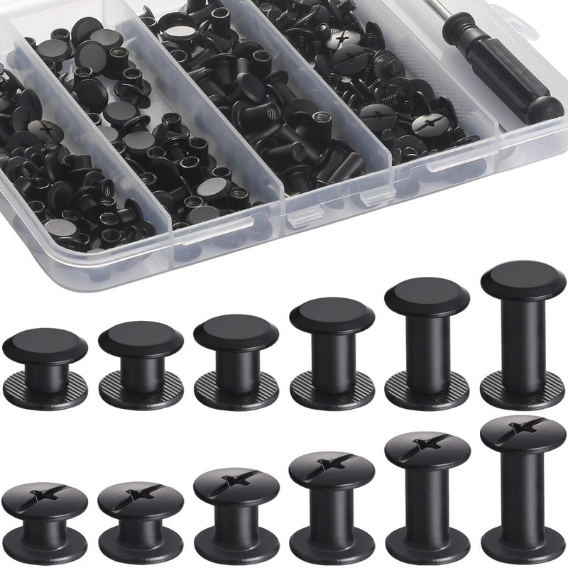YORANYO 100Sets Black Chicago Screws Leather Rivets Kit for Fabric Leather Crafting Assorted 6 Sizes Chicago Binding Screws for Decorate and Repair Belt Bag Shoes Purse Pet Collar Clothing Bookbinding - Image 5