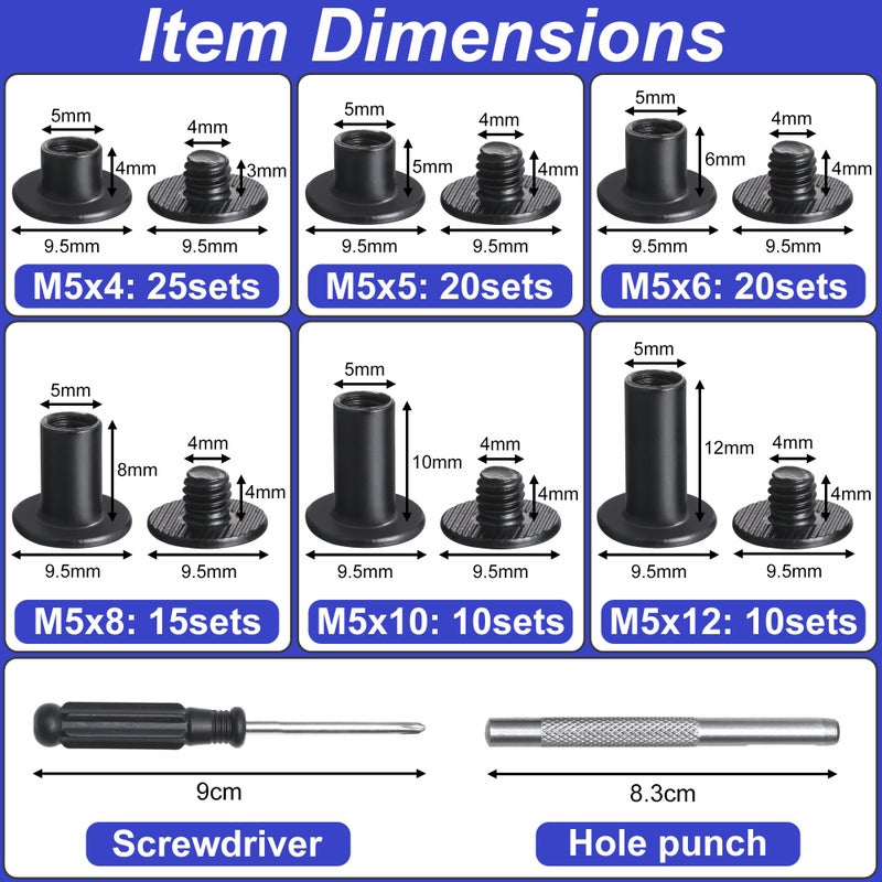 YORANYO 100Sets Black Chicago Screws Leather Rivets Kit for Fabric Leather Crafting Assorted 6 Sizes Chicago Binding Screws for Decorate and Repair Belt Bag Shoes Purse Pet Collar Clothing Bookbinding - Image 2