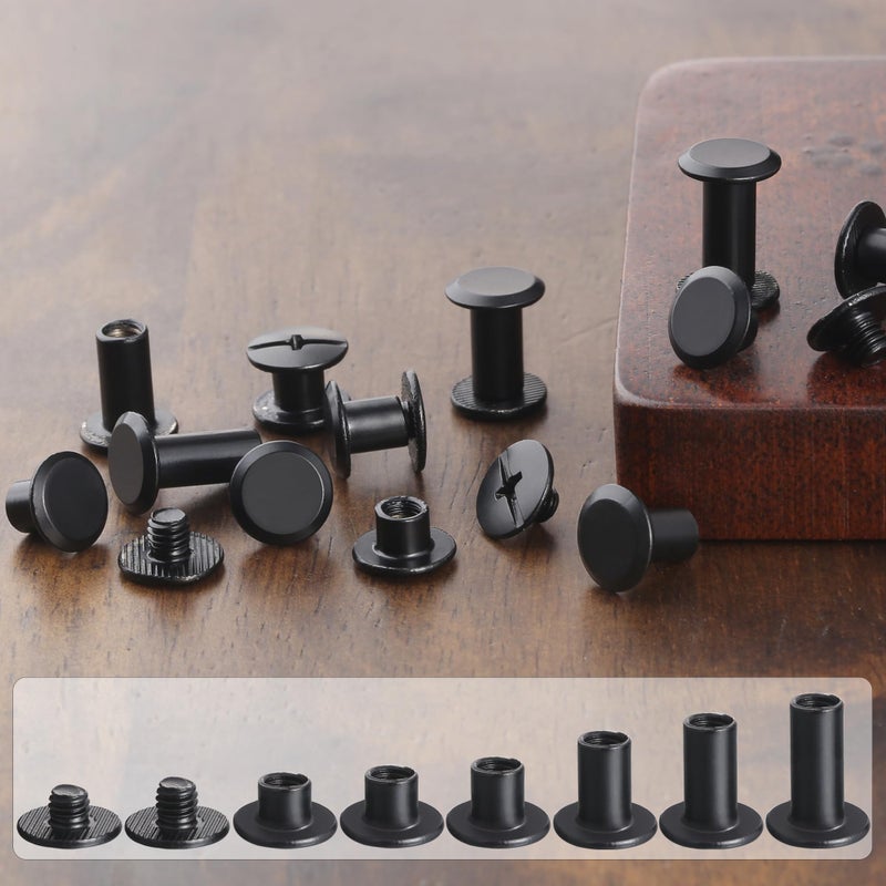 YORANYO 100Sets Black Chicago Screws Leather Rivets Kit for Fabric Leather Crafting Assorted 6 Sizes Chicago Binding Screws for Decorate and Repair Belt Bag Shoes Purse Pet Collar Clothing Bookbinding - Image 4