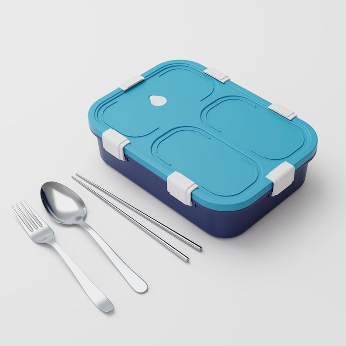 LUNCH BOX SEALED LEAKAGE PROOF STAINLESS STEEL LUNCH BOX WITH FORKCHOPSTICK SPOON LID OFFICE FOOD CONTAINER 3 COMPARTMENT FOR OFFICE SCHOOL ETC LIGHT BLUE BLUE