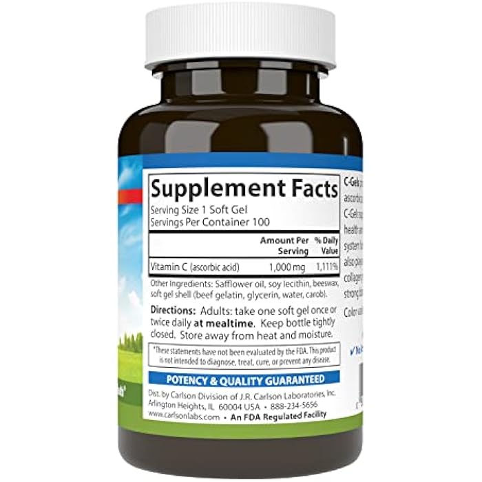 Carlson - C-Gels, 1000mg, Vitamin C Softgels, Immune Support & Heart Health, Vitamin C Softgels, Antioxidant, Vitamin C Supplement, 100 Softgels - Image 2