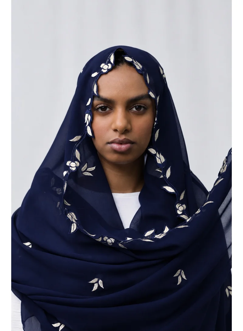 Ophelia Navy Blue Embroidery Hijab – Elegant Embroidered Modest Hijab for Women for Women | Best Price UAE