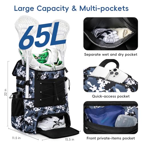 KAVIGOR Lacrosse Bag 65L, Extra Large Lacrosse Gear Backpack with Multi-Pocket Design, Helmet Holder & Ventilated Shoe Compartment - Image 2