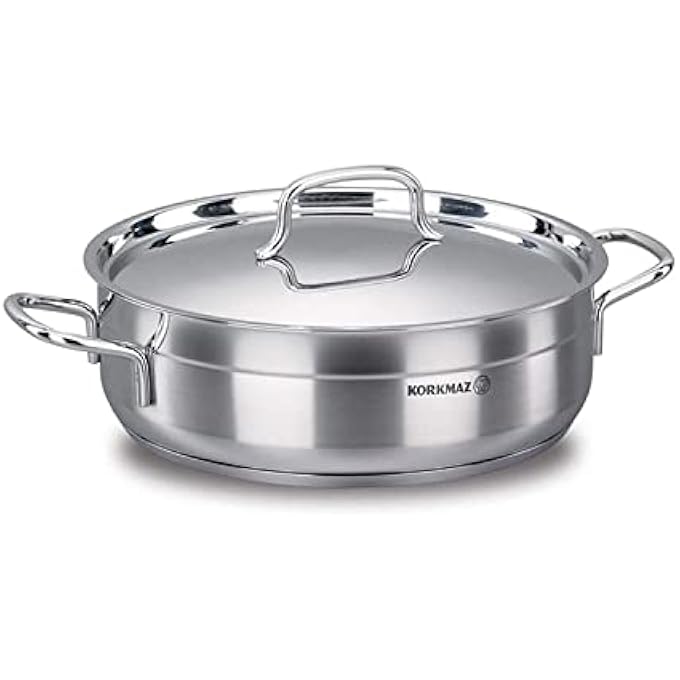 Korkmaz Alfa Low Casserole With Lid 28X9 Cm  55L  TriPly Bottom Stainless Steel Sandwich Bottom Induction Compatible Stock Pot  Silver  Ka1027 - Image 1