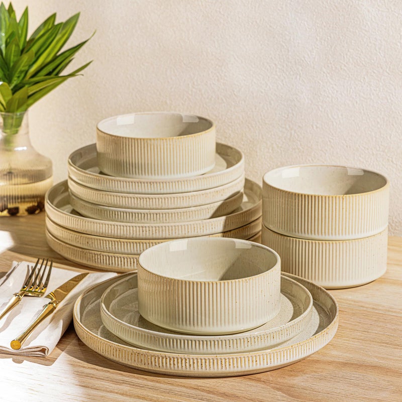 TheTerra Ceramic Dinnerware Sets for 4, 12 Pieces Porcelain Lightweight Speckled Plates and Bowls Sets, Scratch Resistant Dish Set, Oven & Microwave & Dishwasher Safe - Image 1