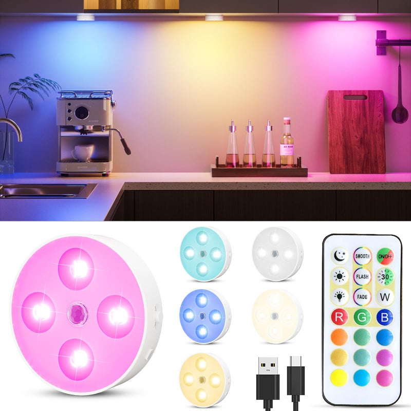 HOMEBEST RGB Puck Lights with Remote & Motion Sensor â€“ 1500mAh Rechargeable Under Cabinet Lighting for Kitchen, Closet & Stairs â€“ 13 Colors, Magnetic Stick-On Lights, 6 Pack - Image 1