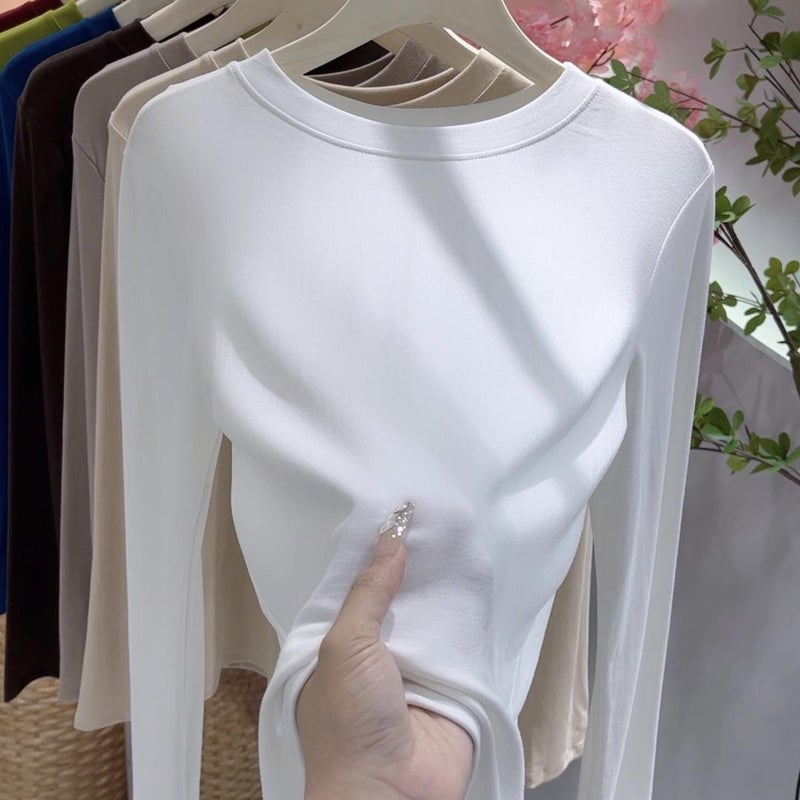 2024 New Base Shirt Womens Suit Inner Spring Autumn Winter Round Neck Long Sleeve T-shirt Slim Fit Top Solid Color Simple White