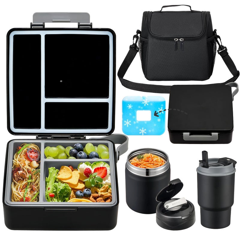Howeemo Bento Lunch Box for Kids with 17oz Soup Thermo,Insulated Tumbler Water Bottle and Insulated Lunch Bag,Leak-Proof 3 Compartment Lunch Food Container with Ice Pack for Kids to School-Black - Image 1