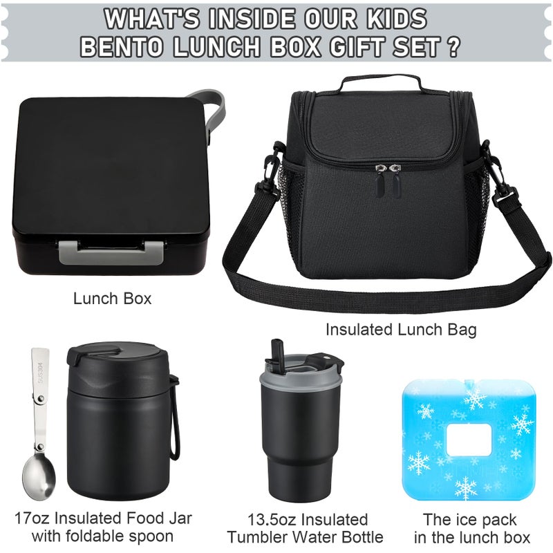 Howeemo Bento Lunch Box for Kids with 17oz Soup Thermo,Insulated Tumbler Water Bottle and Insulated Lunch Bag,Leak-Proof 3 Compartment Lunch Food Container with Ice Pack for Kids to School-Black - Image 2