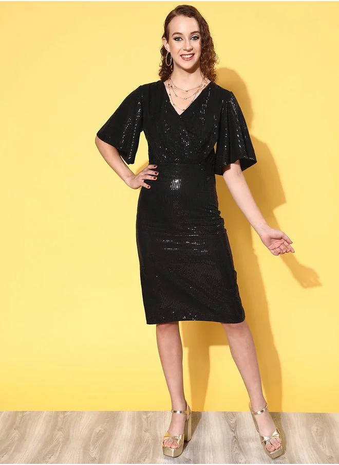 SASSAFRAS Sequin Pattern Wrap Front Midi Dress