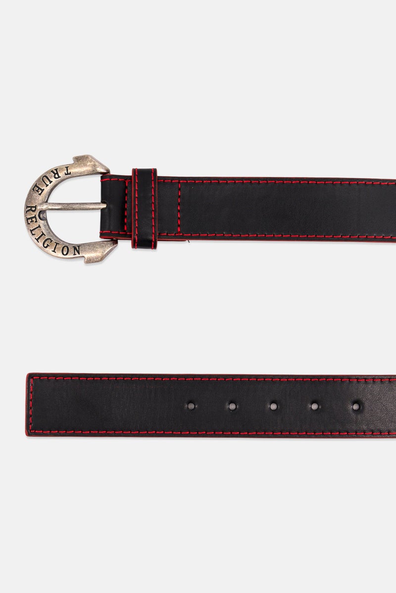 TRUE RELIGION Men Leather Buckle Belt, Black/Red - Image 2