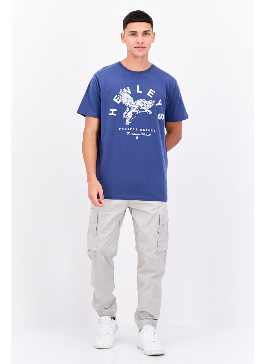 Henleys - Men Round Neck Short Sleeves Brand Logo T-Shirt, Blue - Image 1