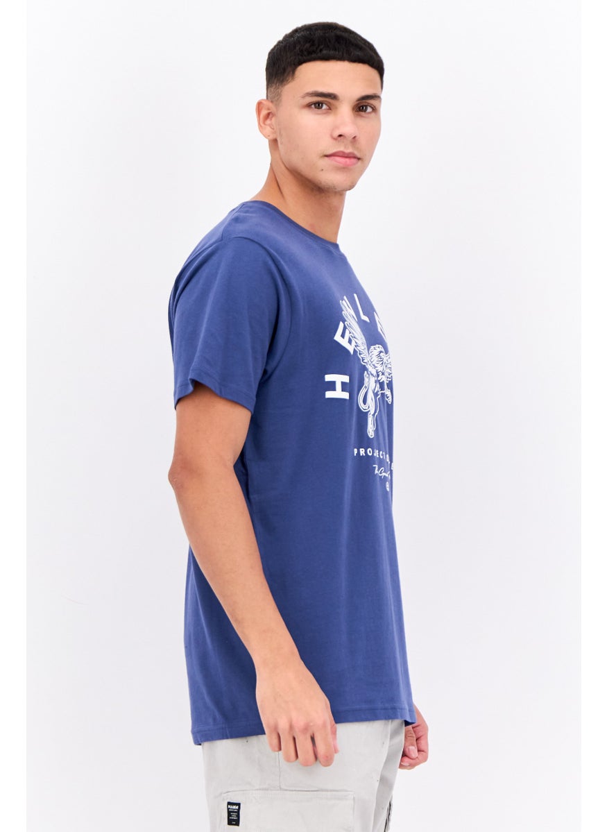 Henleys - Men Round Neck Short Sleeves Brand Logo T-Shirt, Blue - Image 1