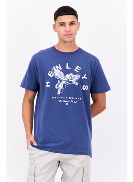 Men Round Neck Short Sleeves Brand Logo T-Shirt, Blue