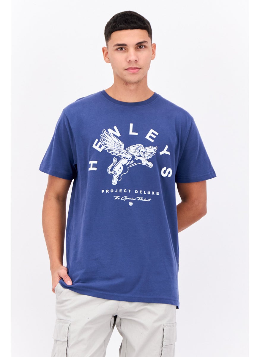 Henleys - Men Round Neck Short Sleeves Brand Logo T-Shirt, Blue - Image 1