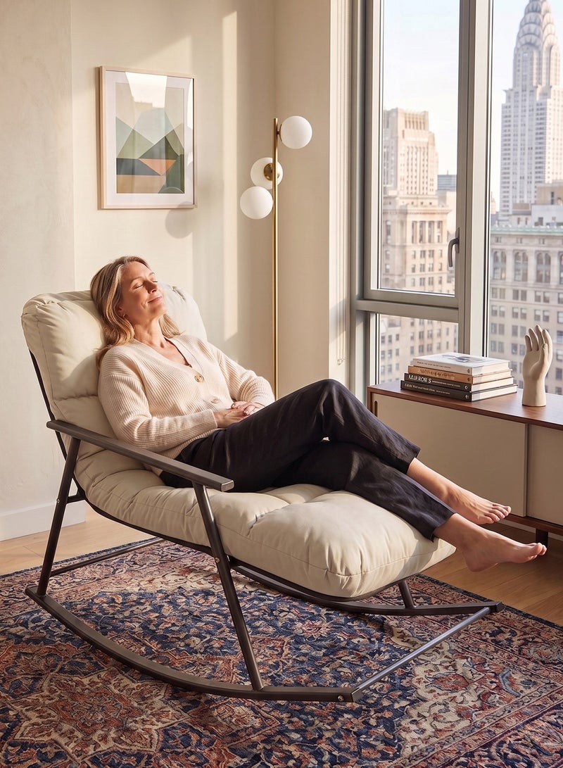 M-Smart Relaxing Rocking Chair, Comfortable Upholstered Lounge Chair with Premium Fabric & Sturdy Metal Frame, Ideal for Living Room, Bedroom, and Office – Beige - Image 4