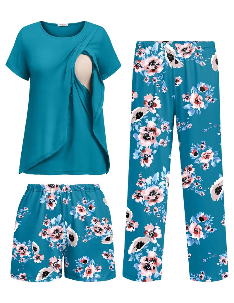 Ekouaer 3 PCS Maternity Nursing Pajamas Set Postpartum Breastfeeding Short Sleeve Shirts, Pregnancy Shorts & Pants Pjs Green Print M - Image 1