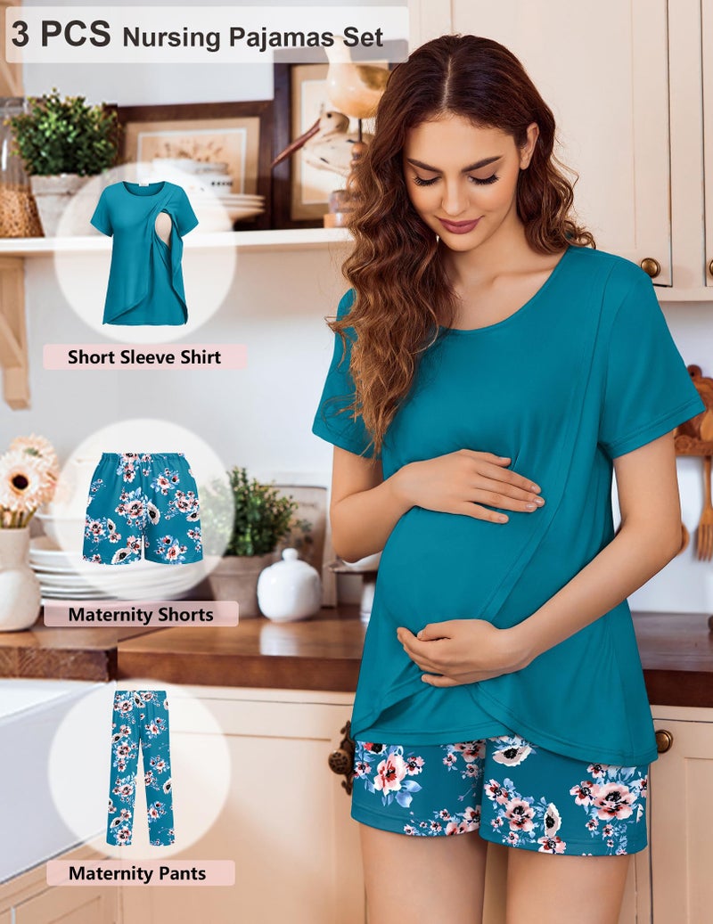 Ekouaer 3 PCS Maternity Nursing Pajamas Set Postpartum Breastfeeding Short Sleeve Shirts, Pregnancy Shorts & Pants Pjs Green Print M - Image 5