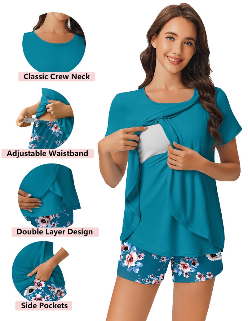 Ekouaer 3 PCS Maternity Nursing Pajamas Set Postpartum Breastfeeding Short Sleeve Shirts, Pregnancy Shorts & Pants Pjs Green Print M - Image 4