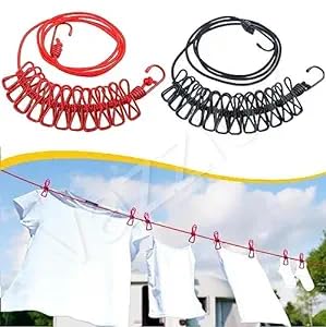 NFI essentials Pack of 2 Portable Multi Functional Drying Rope with 12 Clips and 2 HooksPortable Outdoor Travel Clothesline Rope Clothes Hanging Hook Assorted Colour - Image 1