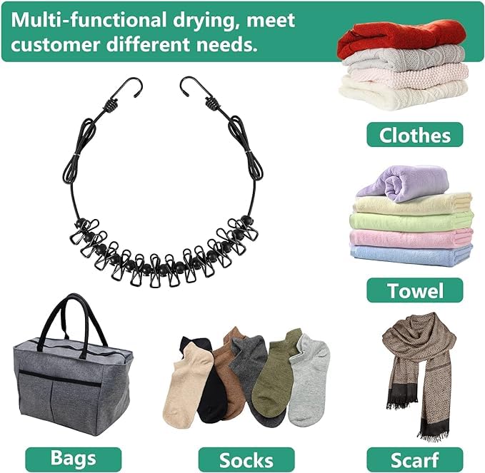 NFI essentials Pack of 2 Portable Multi Functional Drying Rope with 12 Clips and 2 HooksPortable Outdoor Travel Clothesline Rope Clothes Hanging Hook Assorted Colour - Image 3