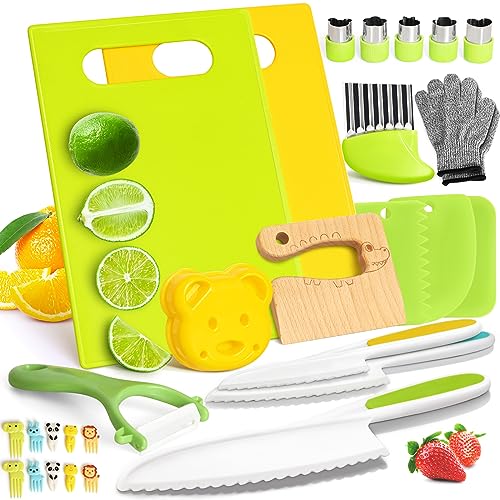 Suhctuptx 28PCS Toddler Knife Set Kids Knifes for Real Cooking Montessori Kids Kitchen Knife Set with Cutting Board Crinkle Cutters Kid Safe Knives Toddlers Kitchen Tools for Age 210 Year Old Girl Boy - Image 1