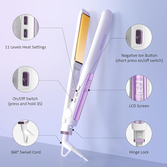 Faszin Hair Straightener Fast Heating Titanium Flat Iron with Negative Ions to Create Sleek Style 3D Floating Wide Plate for Both Thick and Thin Hair Dual Voltage 11 Levels Adjustable Temp