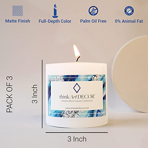 ThinkArtDecor Unscented Pillar Candles Set of 3 | 55 Hrs Each | 3X3 inch Smokeless & Dripless Wax Candles for Home Decor | White - Image 3