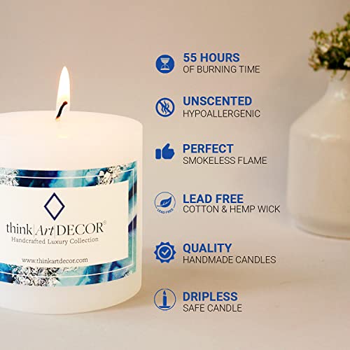 ThinkArtDecor Unscented Pillar Candles Set of 3 | 55 Hrs Each | 3X3 inch Smokeless & Dripless Wax Candles for Home Decor | White - Image 4