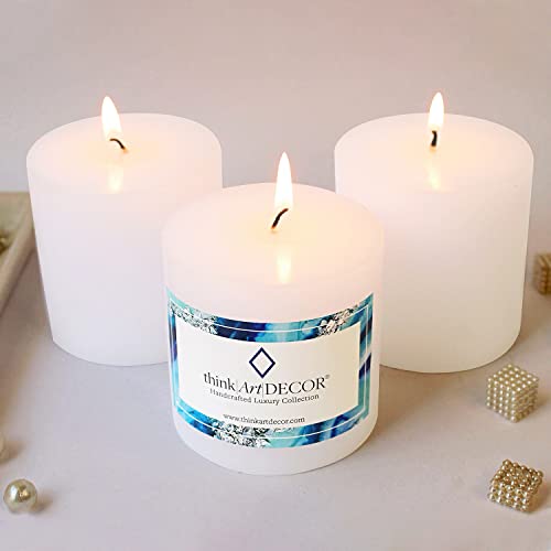 ThinkArtDecor Unscented Pillar Candles Set of 3 | 55 Hrs Each | 3X3 inch Smokeless & Dripless Wax Candles for Home Decor | White - Image 1